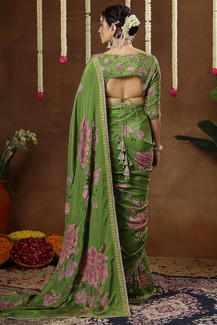 Green Georgette Shimmer Tissue Printed Pre-Draped Reception Saree Set by Miku Kumar at Pernia's Pop Up Shop