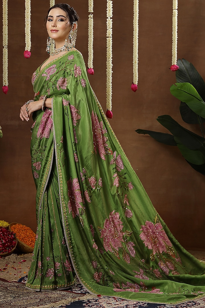 Green Georgette Shimmer Tissue Printed Pre-Draped Reception Saree Set by Miku Kumar at Pernia's Pop Up Shop