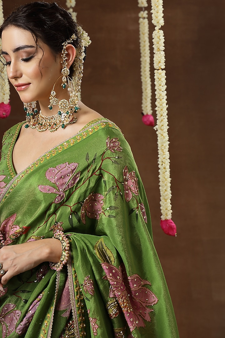 Green Georgette Shimmer Tissue Printed Pre-Draped Reception Saree Set by Miku Kumar at Pernia's Pop Up Shop