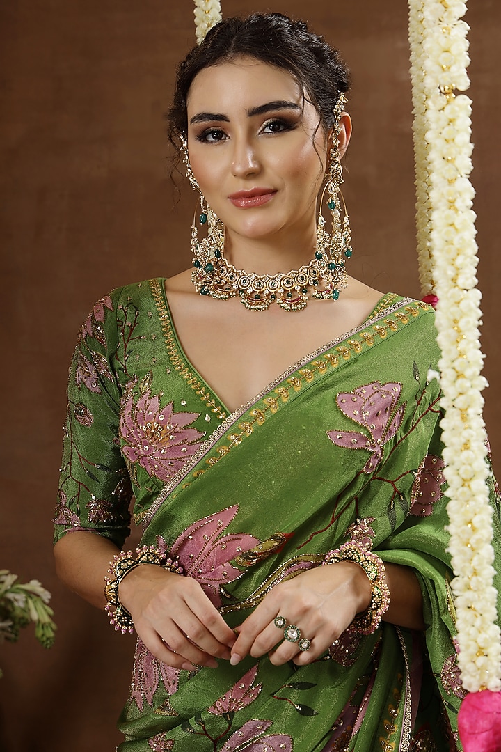 Green Georgette Shimmer Tissue Printed Pre-Draped Reception Saree Set by Miku Kumar at Pernia's Pop Up Shop