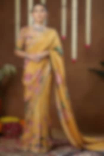 Yellow Georgette Shimmer Tissue Printed Pre-Draped Reception Saree Set by Miku Kumar at Pernia's Pop Up Shop