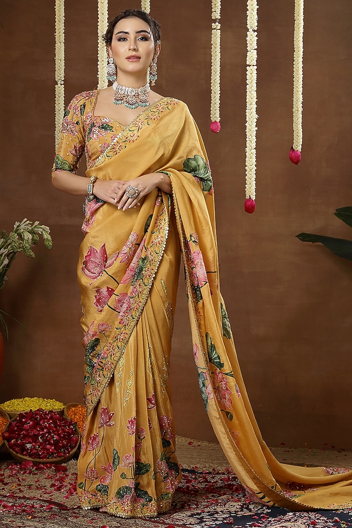 Yellow Georgette Shimmer Tissue Printed Pre-Draped Reception Saree Set by Miku Kumar at Pernia's Pop Up Shop