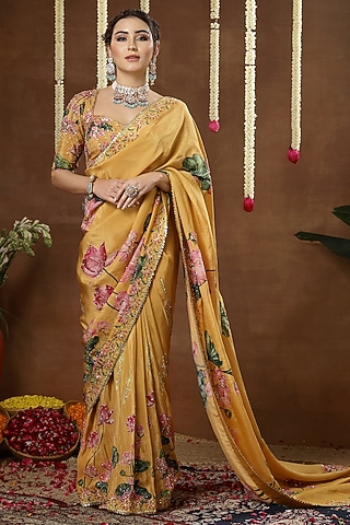 Yellow Georgette Shimmer Tissue Printed Pre-Draped Saree Set by Miku Kumar