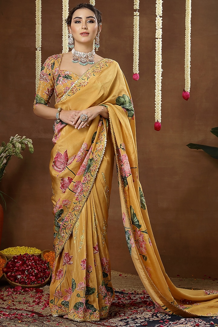 Yellow Georgette Shimmer Tissue Printed Pre-Draped Reception Saree Set by Miku Kumar at Pernia's Pop Up Shop