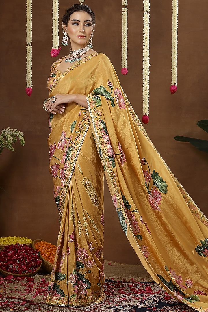 Yellow Georgette Shimmer Tissue Printed Pre-Draped Reception Saree Set by Miku Kumar at Pernia's Pop Up Shop