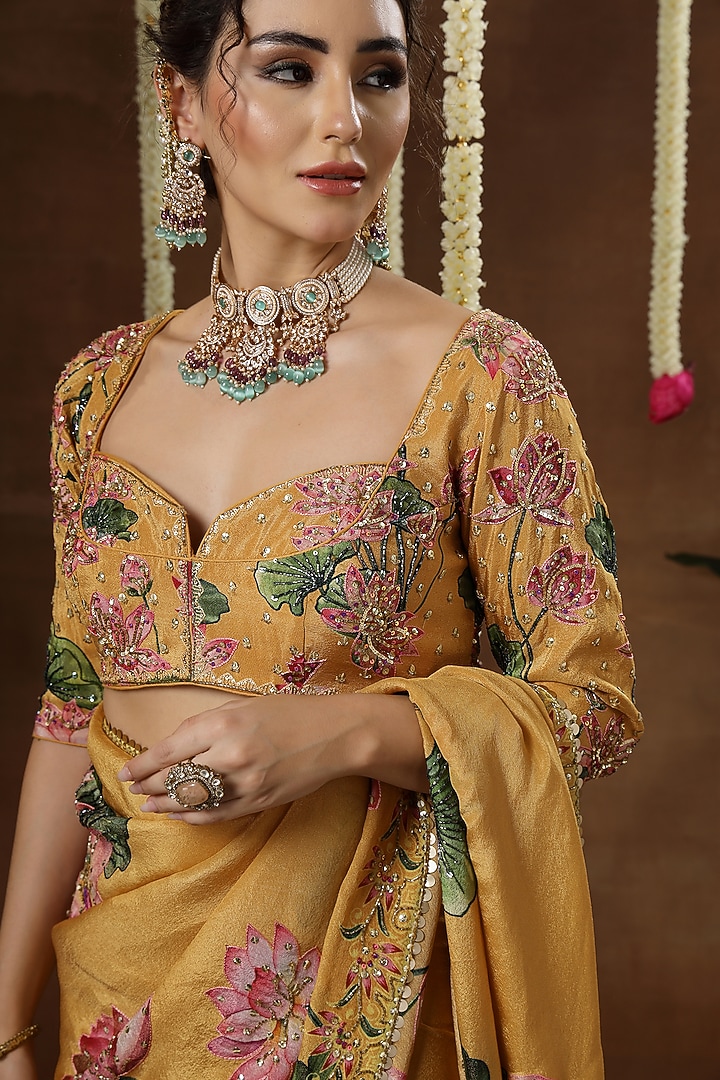Yellow Georgette Shimmer Tissue Printed Pre-Draped Reception Saree Set by Miku Kumar at Pernia's Pop Up Shop