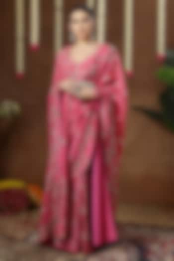 Pink Georgette Shimmer Tissue Embroidered Pre-Draped Reception Saree Set by Miku Kumar at Pernia's Pop Up Shop