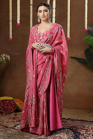 Pink Georgette Shimmer Tissue Embroidered Pre-Draped Saree Set by Miku Kumar