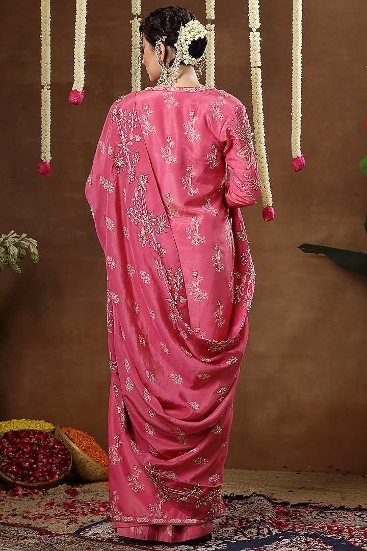 Pink Georgette Shimmer Tissue Embroidered Pre-Draped Reception Saree Set by Miku Kumar at Pernia's Pop Up Shop