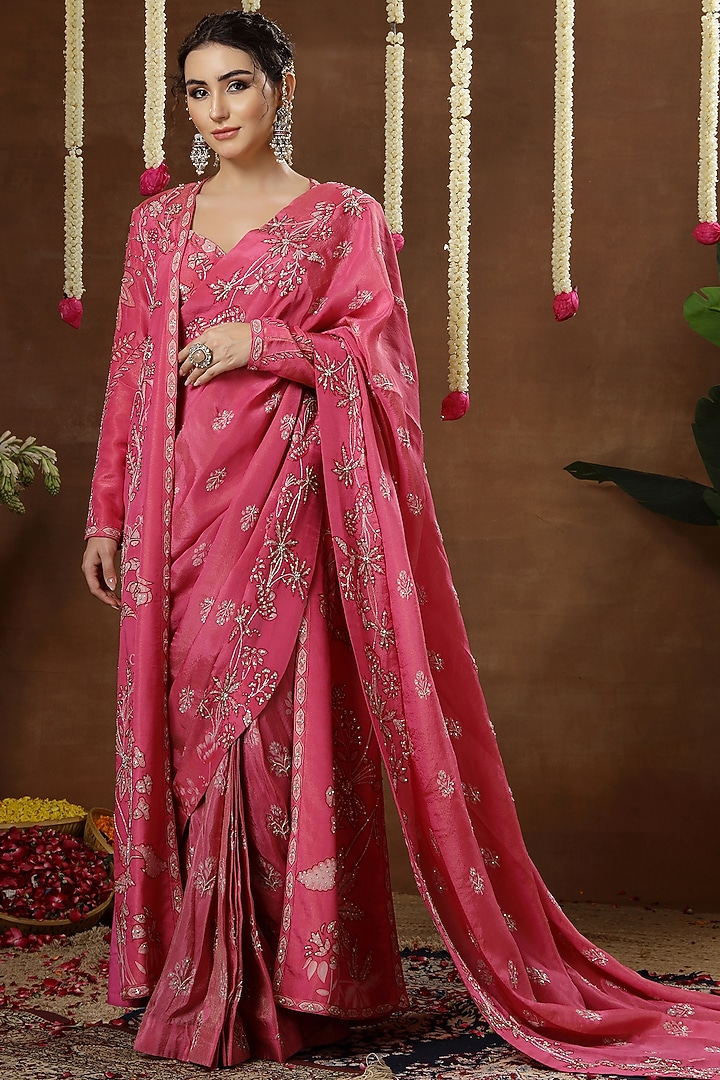 Pink Georgette Shimmer Tissue Embroidered Pre-Draped Reception Saree Set by Miku Kumar at Pernia's Pop Up Shop