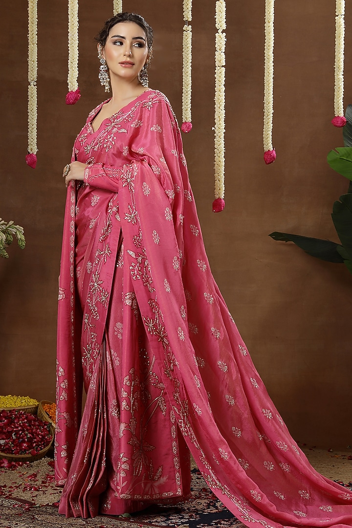 Pink Georgette Shimmer Tissue Embroidered Pre-Draped Reception Saree Set by Miku Kumar at Pernia's Pop Up Shop