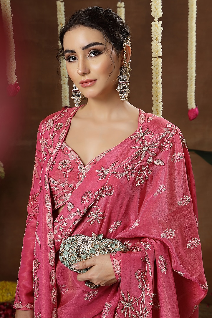 Pink Georgette Shimmer Tissue Embroidered Pre-Draped Reception Saree Set by Miku Kumar at Pernia's Pop Up Shop