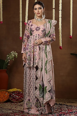 Lilac Georgette Shimmer Tissue Printed Sharara Set by Miku Kumar
