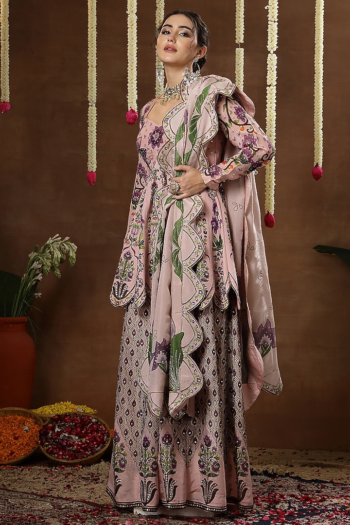 Lilac Georgette Shimmer Tissue Printed Bridal Sharara Set by Miku Kumar at Pernia's Pop Up Shop