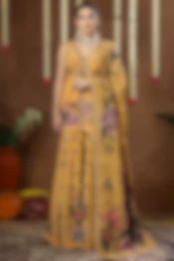 Yellow Georgette Shimmer Tissue Printed Bridal Sharara Set by Miku Kumar at Pernia's Pop Up Shop