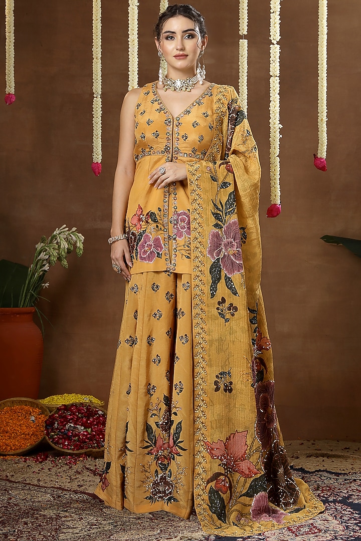 Yellow Georgette Shimmer Tissue Printed Bridal Sharara Set by Miku Kumar at Pernia's Pop Up Shop