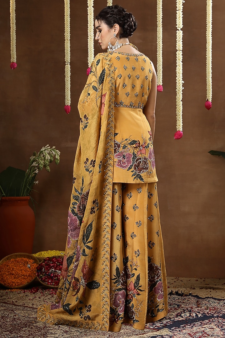 Yellow Georgette Shimmer Tissue Printed Bridal Sharara Set by Miku Kumar at Pernia's Pop Up Shop