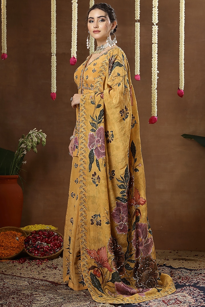 Yellow Georgette Shimmer Tissue Printed Bridal Sharara Set by Miku Kumar at Pernia's Pop Up Shop