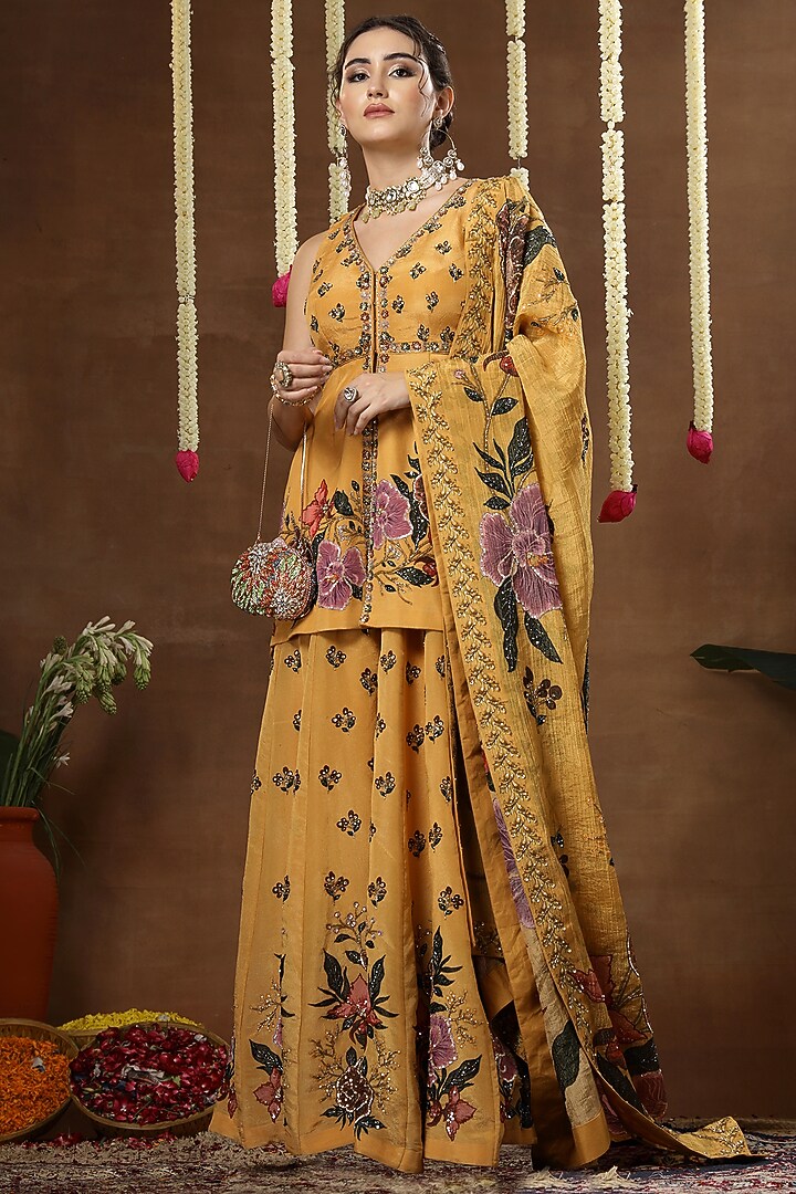 Yellow Georgette Shimmer Tissue Printed Bridal Sharara Set by Miku Kumar at Pernia's Pop Up Shop