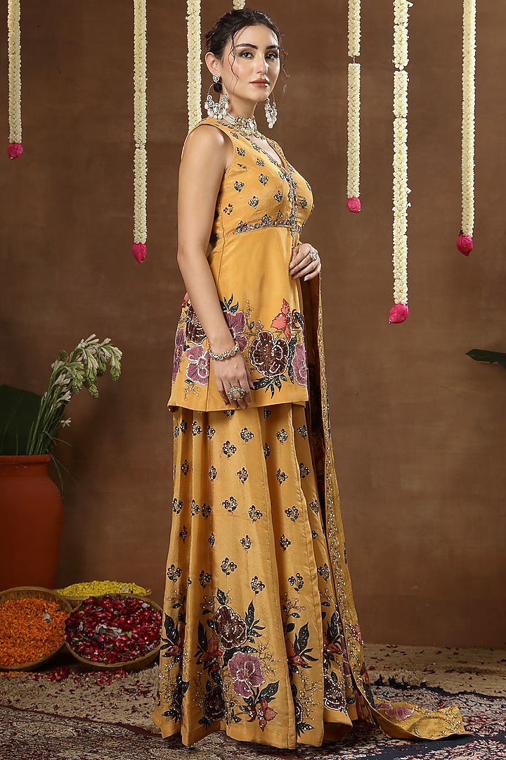 Yellow Georgette Shimmer Tissue Printed Bridal Sharara Set by Miku Kumar at Pernia's Pop Up Shop