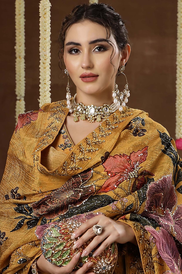 Yellow Georgette Shimmer Tissue Printed Bridal Sharara Set by Miku Kumar at Pernia's Pop Up Shop