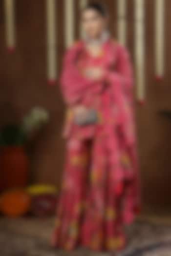 Pink Georgette Shimmer Tissue Printed Bridal Sharara Set by Miku Kumar at Pernia's Pop Up Shop