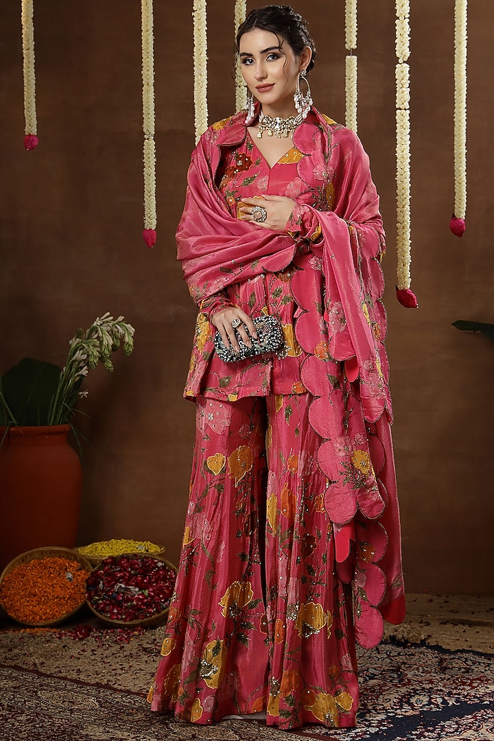 Pink Georgette Shimmer Tissue Printed Bridal Sharara Set by Miku Kumar at Pernia's Pop Up Shop