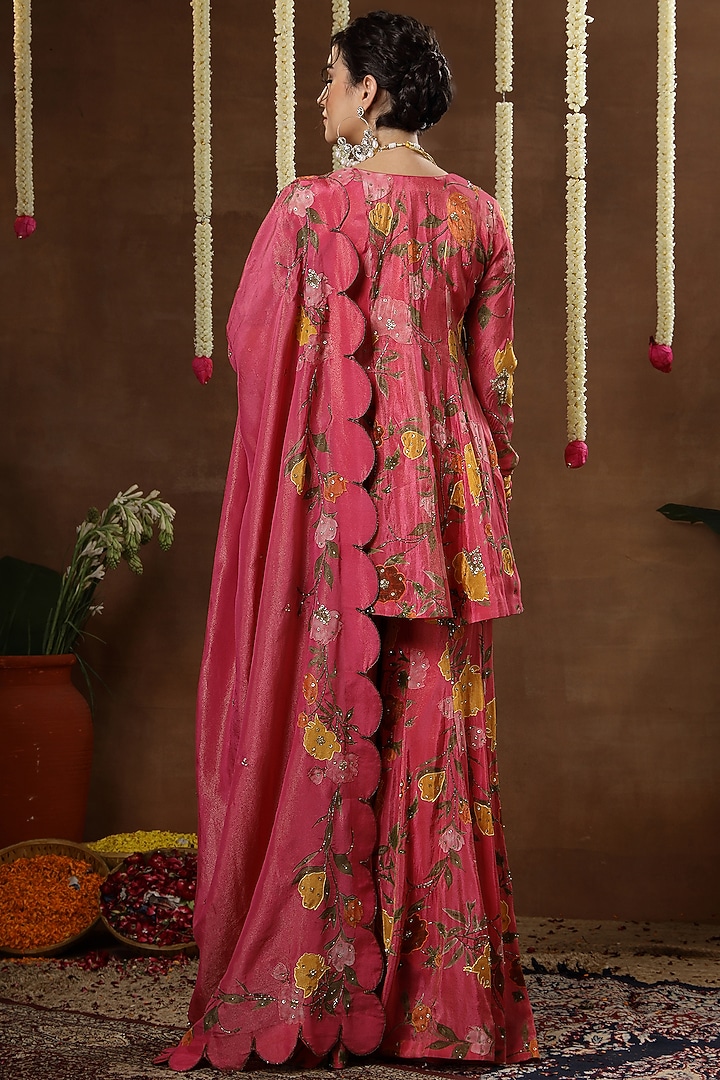 Pink Georgette Shimmer Tissue Printed Bridal Sharara Set by Miku Kumar at Pernia's Pop Up Shop
