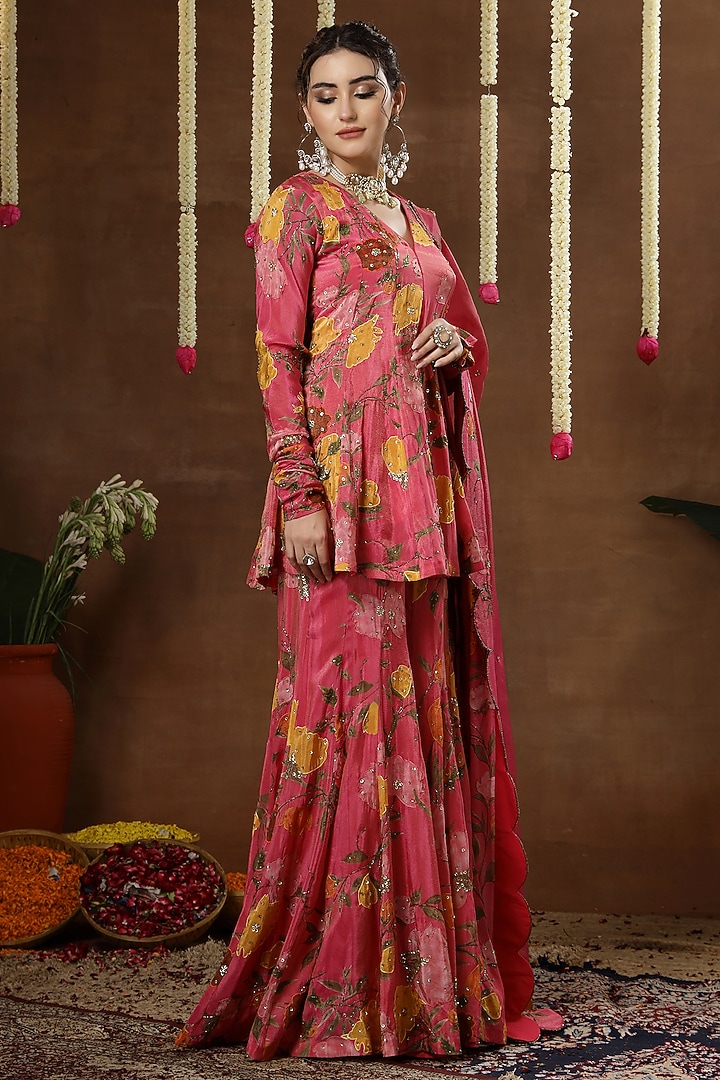 Pink Georgette Shimmer Tissue Printed Bridal Sharara Set by Miku Kumar at Pernia's Pop Up Shop