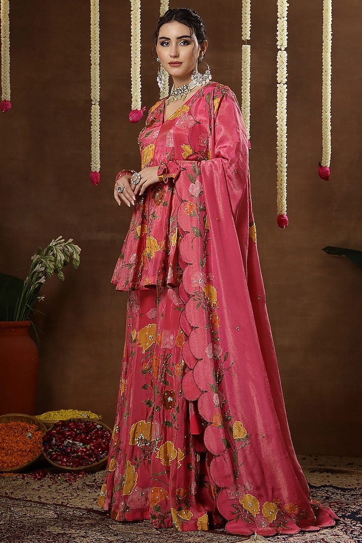 Pink Georgette Shimmer Tissue Printed Bridal Sharara Set by Miku Kumar at Pernia's Pop Up Shop