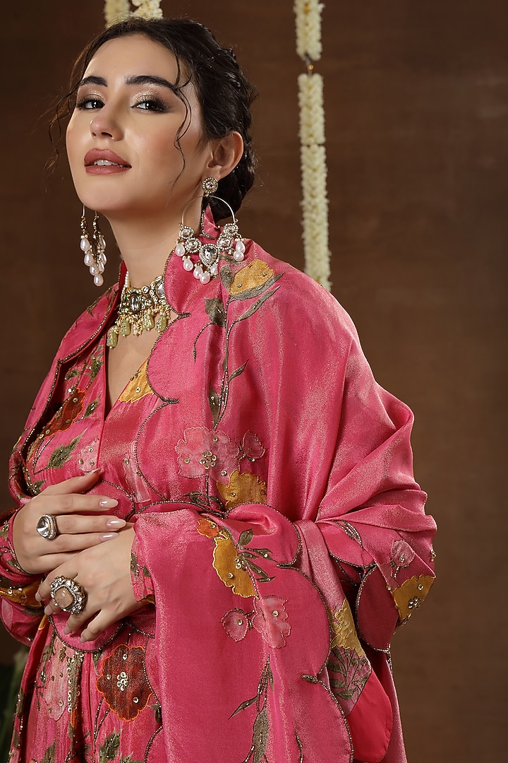 Pink Georgette Shimmer Tissue Printed Bridal Sharara Set by Miku Kumar at Pernia's Pop Up Shop