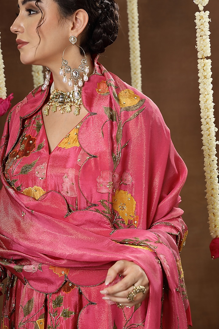 Pink Georgette Shimmer Tissue Printed Bridal Sharara Set by Miku Kumar at Pernia's Pop Up Shop