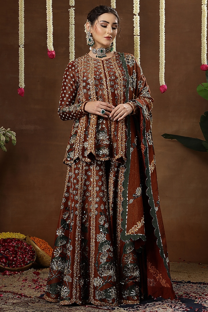 Maroon Georgette Shimmer Tissue Embroidered Bridal Sharara Set by Miku Kumar at Pernia's Pop Up Shop