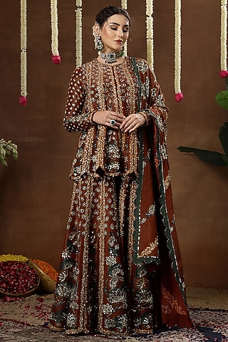Maroon Georgette Shimmer Tissue Embroidered Sharara Set by Miku Kumar