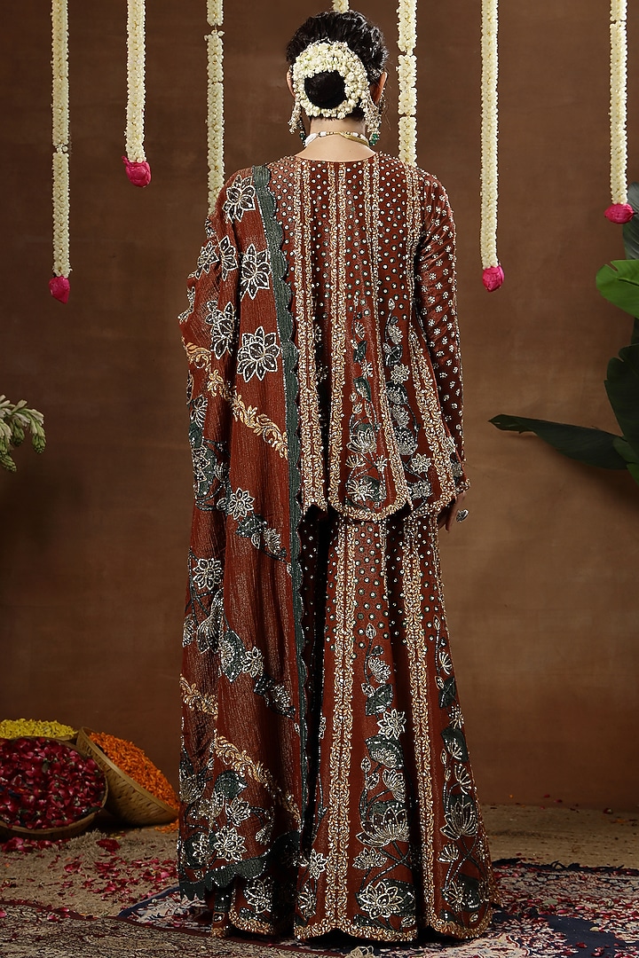 Maroon Georgette Shimmer Tissue Embroidered Bridal Sharara Set by Miku Kumar at Pernia's Pop Up Shop