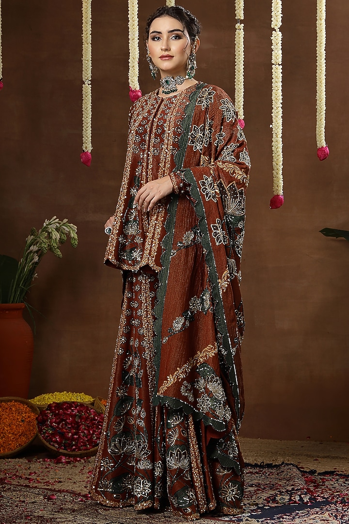 Maroon Georgette Shimmer Tissue Embroidered Bridal Sharara Set by Miku Kumar at Pernia's Pop Up Shop