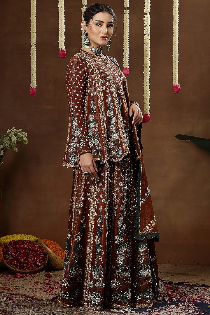 Maroon Georgette Shimmer Tissue Embroidered Bridal Sharara Set by Miku Kumar at Pernia's Pop Up Shop