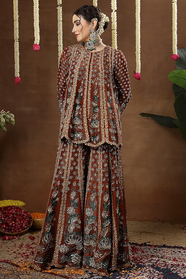 Maroon Georgette Shimmer Tissue Embroidered Bridal Sharara Set by Miku Kumar at Pernia's Pop Up Shop