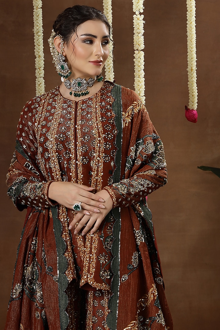 Maroon Georgette Shimmer Tissue Embroidered Bridal Sharara Set by Miku Kumar at Pernia's Pop Up Shop