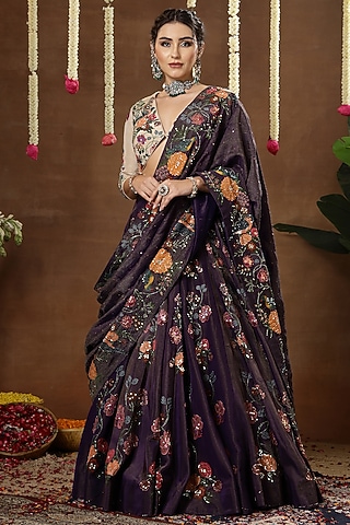 Purple Georgette Shimmer Tissue Motif Embroidered Lehenga Set by Miku Kumar
