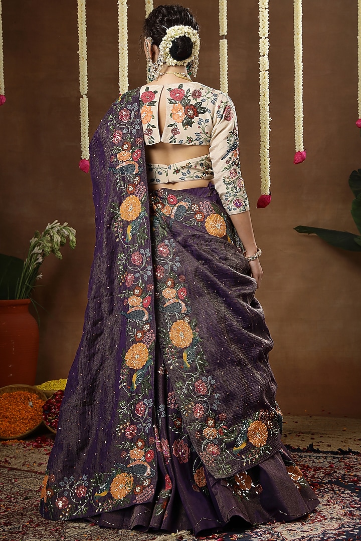 Purple Georgette Shimmer Tissue Motif Embroidered Bridal Lehenga Set by Miku Kumar at Pernia's Pop Up Shop