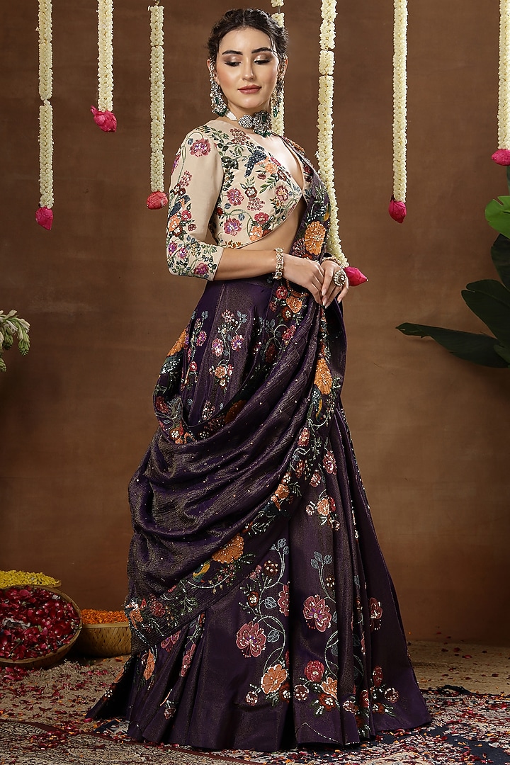 Purple Georgette Shimmer Tissue Motif Embroidered Bridal Lehenga Set by Miku Kumar at Pernia's Pop Up Shop