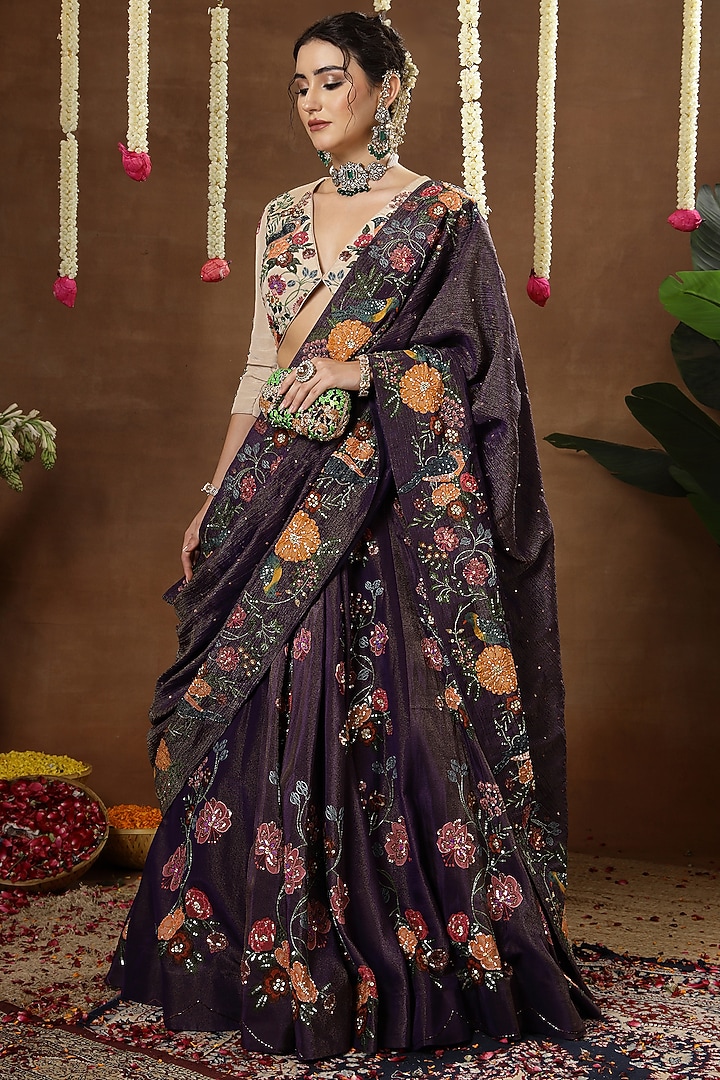 Purple Georgette Shimmer Tissue Motif Embroidered Bridal Lehenga Set by Miku Kumar at Pernia's Pop Up Shop