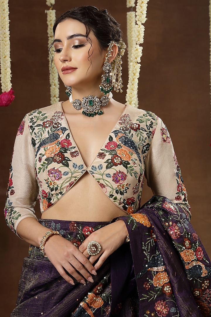 Purple Georgette Shimmer Tissue Motif Embroidered Bridal Lehenga Set by Miku Kumar at Pernia's Pop Up Shop