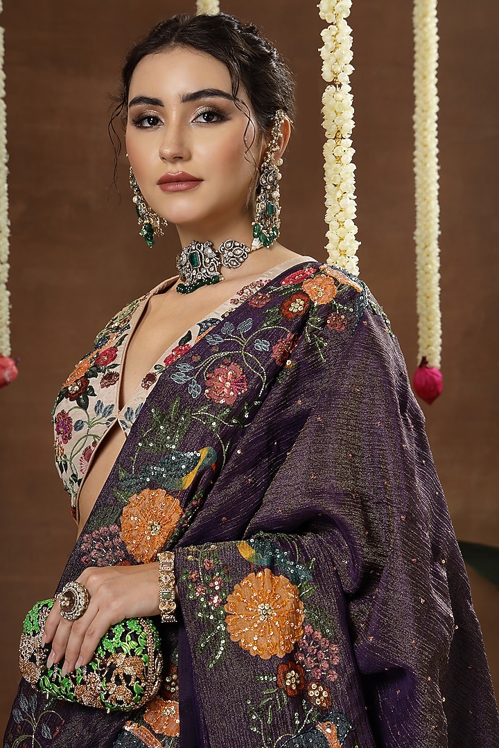 Purple Georgette Shimmer Tissue Motif Embroidered Bridal Lehenga Set by Miku Kumar at Pernia's Pop Up Shop
