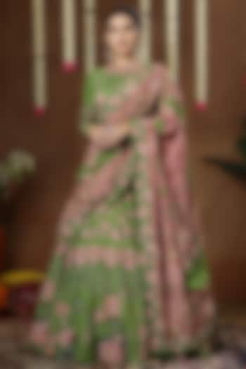 Green Georgette Shimmer Tissue Embroidered Bridal Lehenga Set by Miku Kumar at Pernia's Pop Up Shop