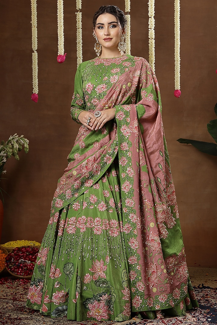 Green Georgette Shimmer Tissue Embroidered Bridal Lehenga Set by Miku Kumar at Pernia's Pop Up Shop