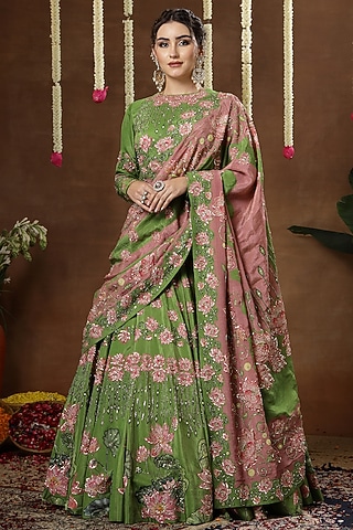 Green Georgette Shimmer Tissue Embroidered Lehenga Set by Miku Kumar