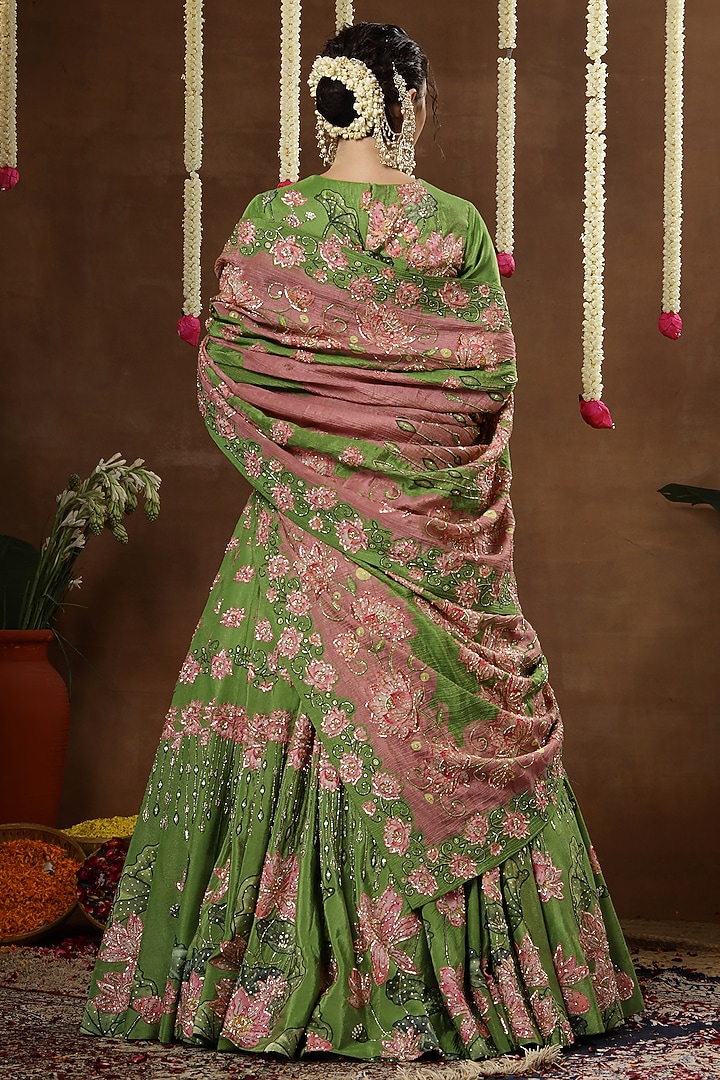 Green Georgette Shimmer Tissue Embroidered Bridal Lehenga Set by Miku Kumar at Pernia's Pop Up Shop