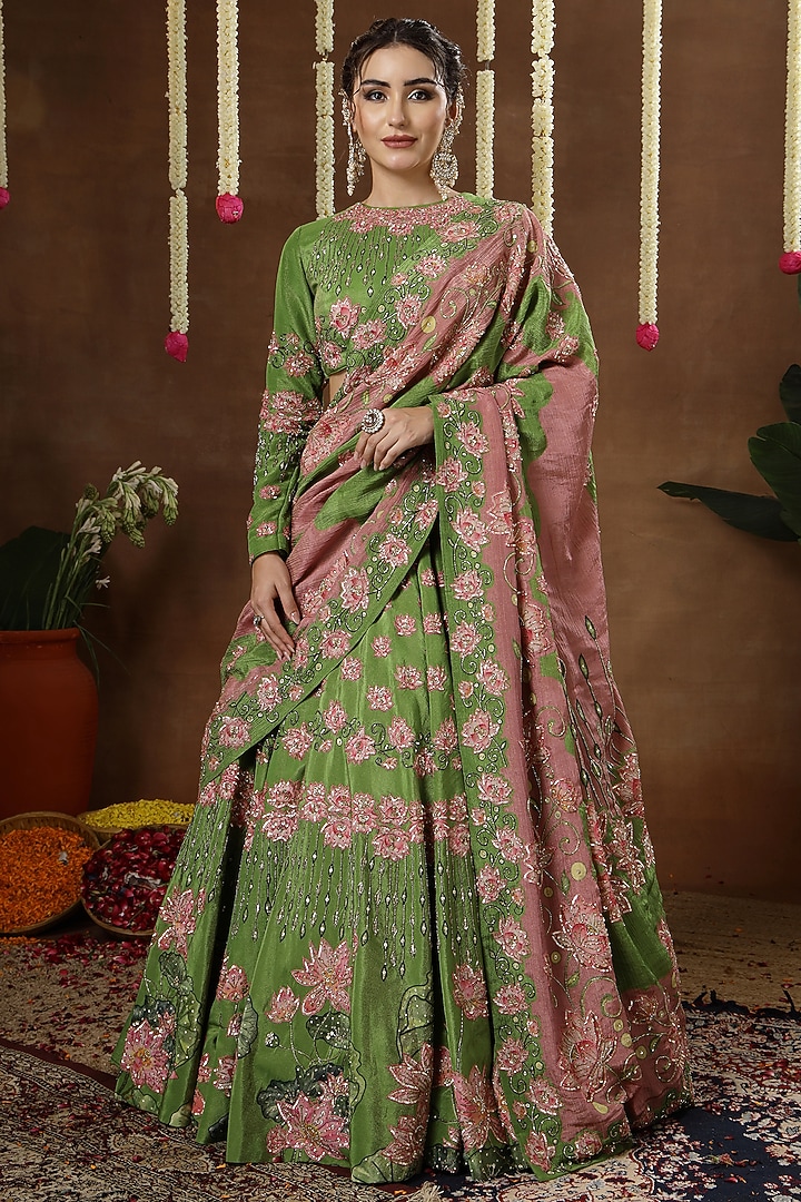 Green Georgette Shimmer Tissue Embroidered Bridal Lehenga Set by Miku Kumar at Pernia's Pop Up Shop